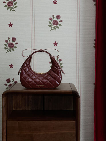 Janie Quilted Bow-Handle Crescent Bag, Burgundy, hi-res