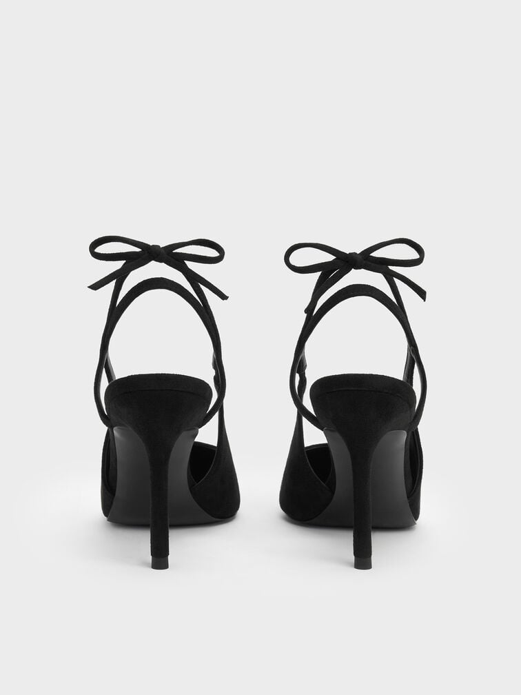 Faux Suede Back-Bow Slingback Pumps, Black Textured, hi-res