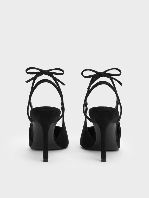 Faux Suede Back-Bow Slingback Pumps, Black Textured, hi-res