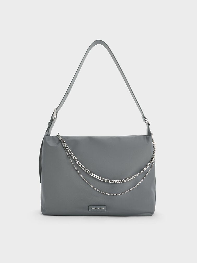 Nylon Chain-Link Slouchy Shoulder Bag, Grey, hi-res