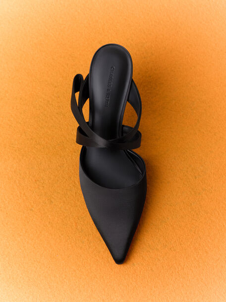 Satin Pleated-Strap Heeled Mules, Black Textured, hi-res