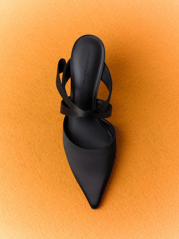 Satin Pleated-Strap Heeled Mules, Black Textured, hi-res