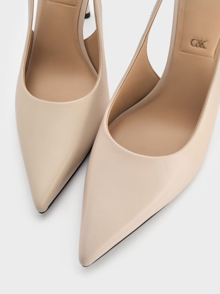 Leather Slingback Stiletto Pumps, Oat, hi-res