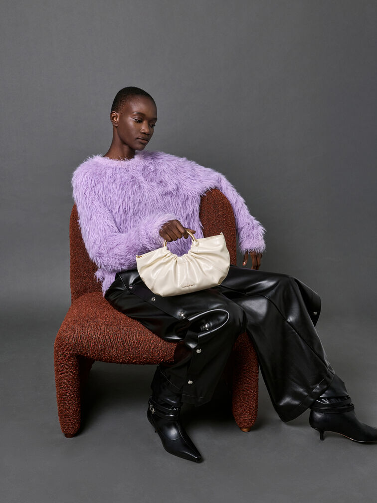 Ciara Ruched Metal Top Handle Bag, Cream, hi-res