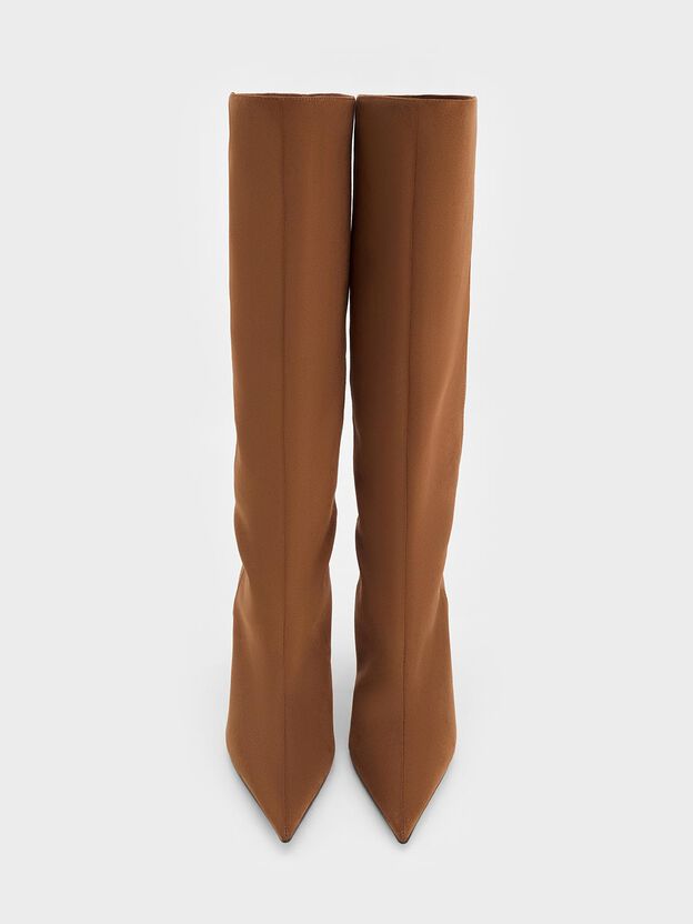 Faux Suede Pointed Stiletto Knee-High Boots, Cognac, hi-res