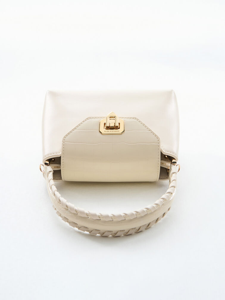 Arwen Croc-Effect Braided-Strap Top Handle Bag, Cream, hi-res