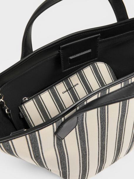 Large Ivanna Canvas Striped Tote Bag, Noir, hi-res