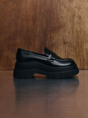 Leoi Platform Penny Loafers, Black Box, hi-res
