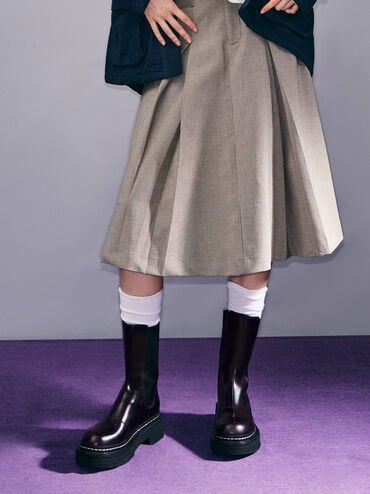 Stitch-Trim Platform Mid-Calf Chelsea Boots, Burgundy, hi-res