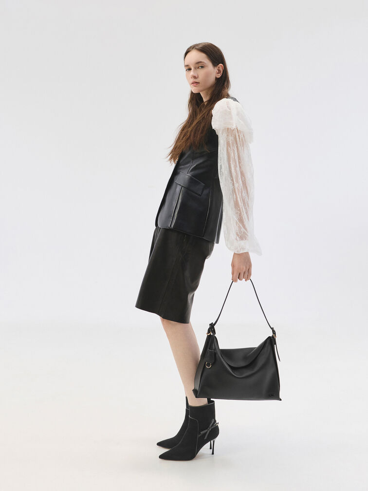Leather Top-Flap Hobo Bag, Black, hi-res