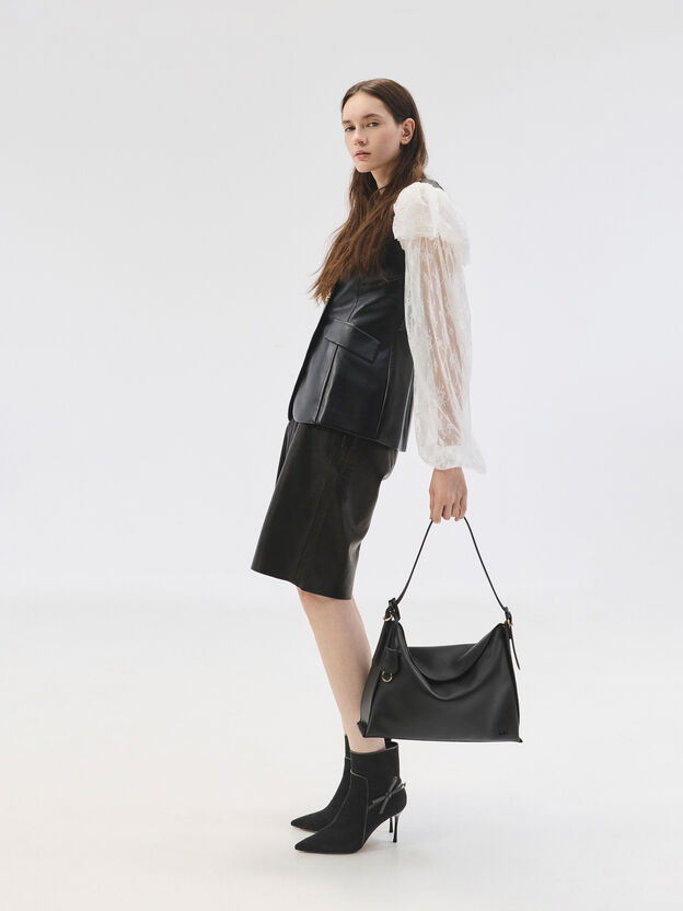 Leather Top-Flap Hobo Bag, Black, hi-res