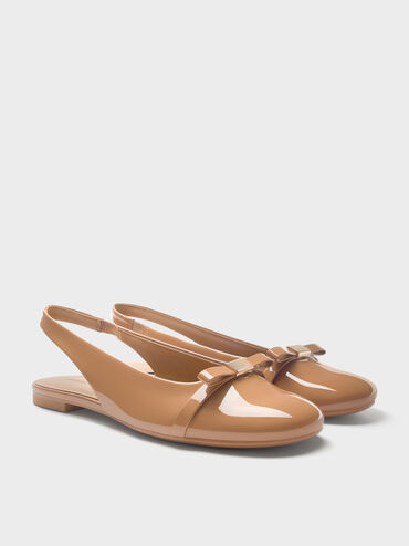 Dorian Patent Bow Slingback Flats, Caramel, hi-res