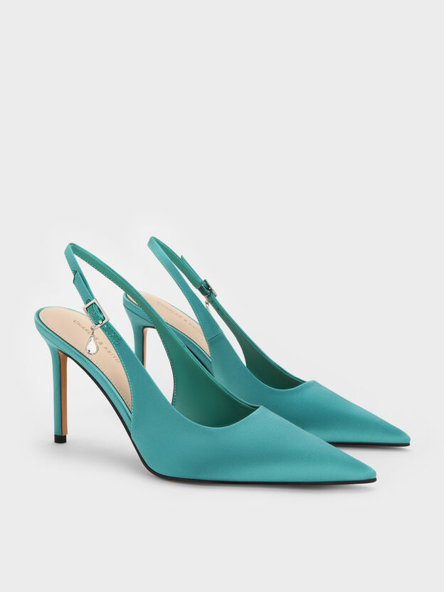 Teardrop-Crystal Pointed Slingback Pumps, Teal, hi-res