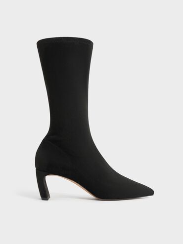 Faux Suede Blade-Heel Pointed-Toe Calf Boots, Black Textured, hi-res