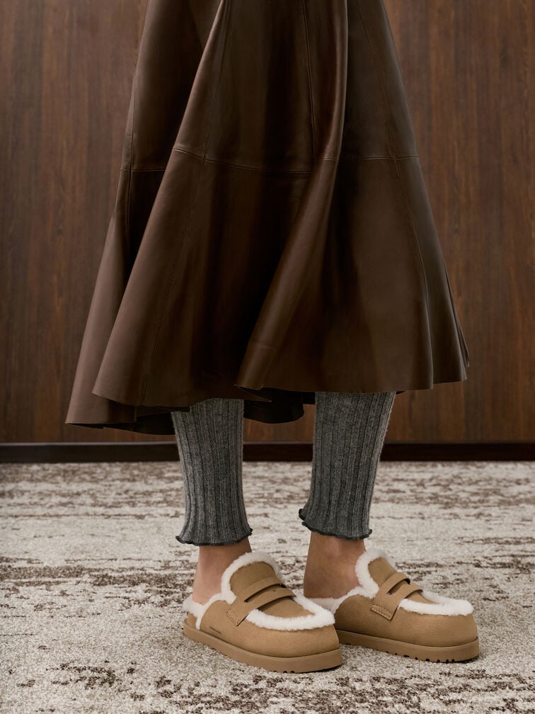 Recycled-Fur Flatform Mules, Sand, hi-res