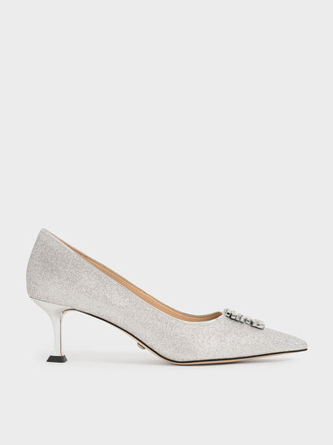 Ever Glittered Gem-Embellished Kitten Heel Pumps, Silver, hi-res
