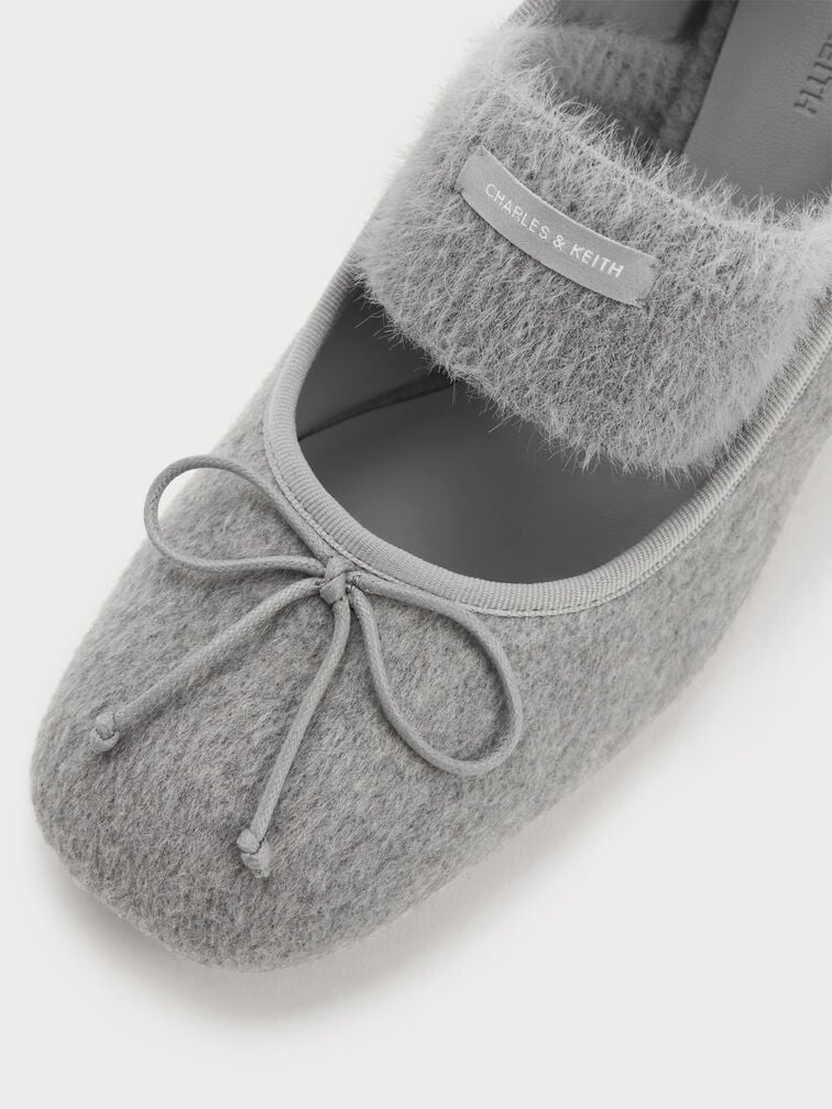 Winona Felt Bow Furry-Strap Mary Jane Pumps, Light Grey, hi-res