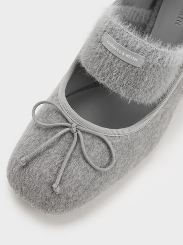 Winona Felt Bow Furry-Strap Mary Jane Pumps, Light Grey, hi-res