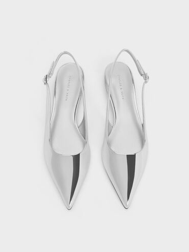 Metallic Pointed-Toe Slingback Flats, Silver, hi-res