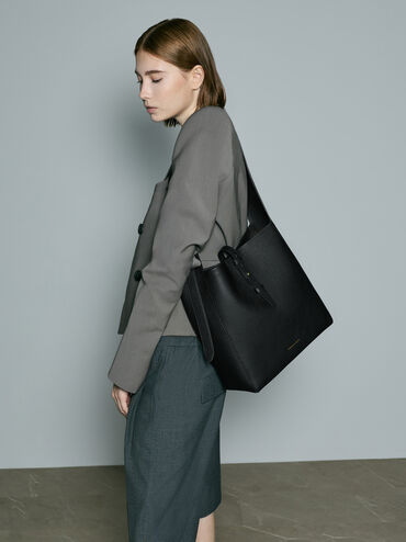 Beryl Recycled Leather Belted Hobo Bag, Black, hi-res