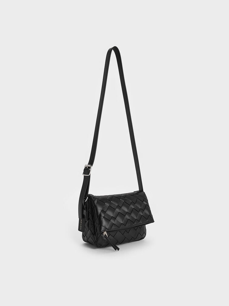 Ivette Woven Front Flap Crossbody Bag, Noir, hi-res
