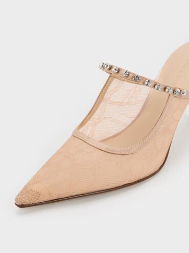Lace & Satin Crystal Heeled Mules, Nude, hi-res
