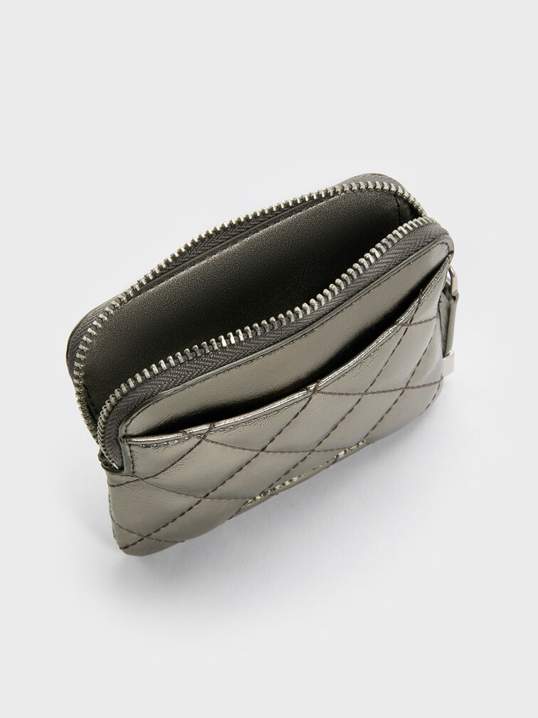 Alva Metallic Quilted Top-Zip Card Holder, Pewter, hi-res