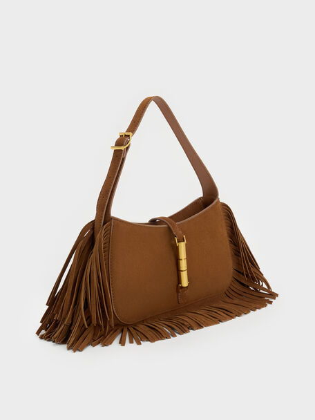 Cesia Metallic-Accent Fringed Shoulder Bag, Sienna Brown, hi-res