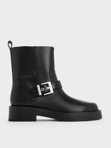 Buckle-Strap Biker Boots, Black, hi-res