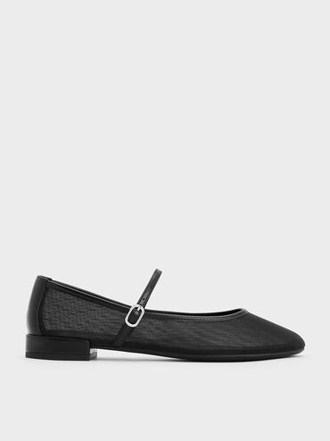 Gertrude Mesh Mary Jane Flats, Black Textured, hi-res