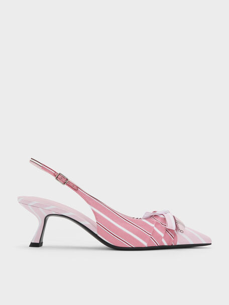 Striped Knot-Bow Pointed Slingback Pumps, Light Pink, hi-res