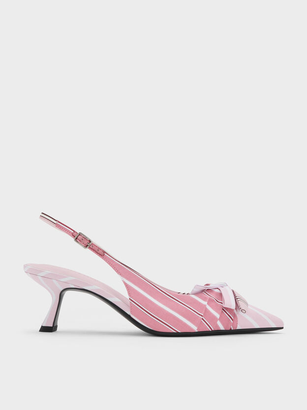 Striped Knot-Bow Pointed Slingback Pumps, Light Pink, hi-res