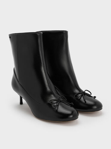 Aretha Leather Bow Kitten-Heel Calf Boots, Black, hi-res
