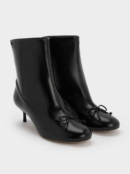 Aretha Leather Bow Kitten-Heel Calf Boots, Black, hi-res