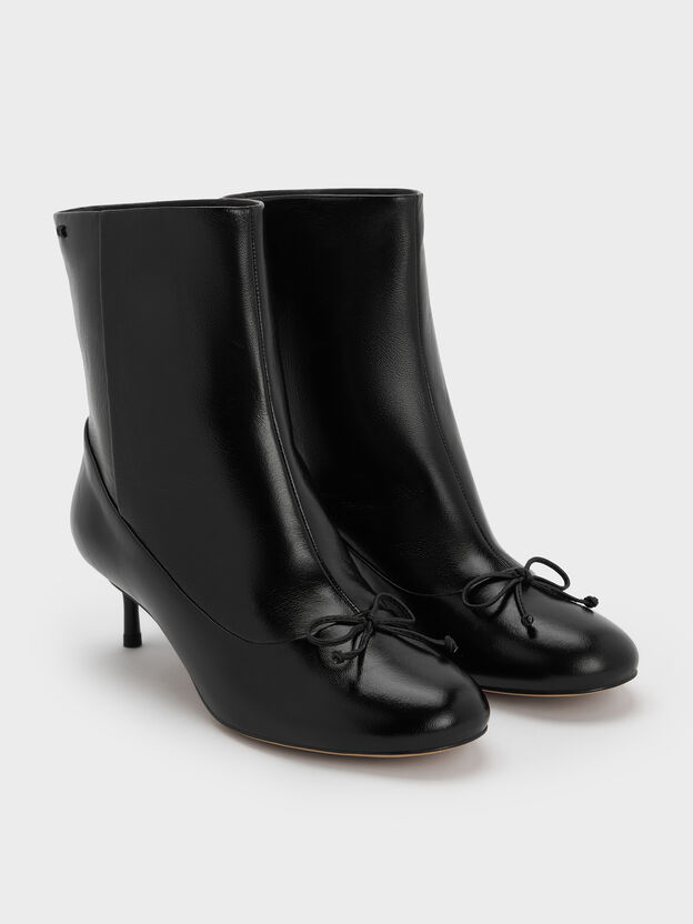 Aretha Leather Bow Kitten-Heel Calf Boots, Black, hi-res