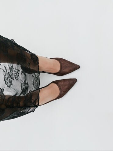 Lace & Satin Stiletto Pumps, Dark Brown Textured, hi-res