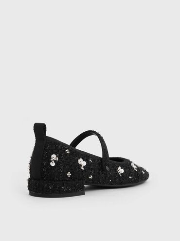 Tweed Flower-Embellished Mary Janes, Black Textured, hi-res