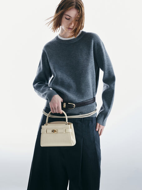 Aubrielle Croc-Effect Belted Top Handle Bag, Ivory, hi-res