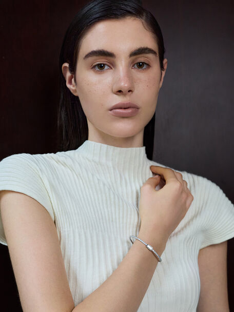 Quincy Crystal Open Bangle, Silver, hi-res