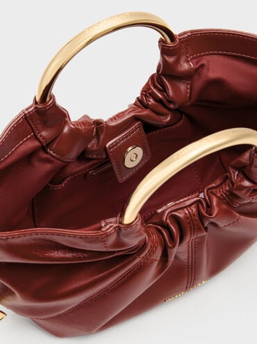 Ciara Ruched Metal Top Handle Bag, Burgundy, hi-res