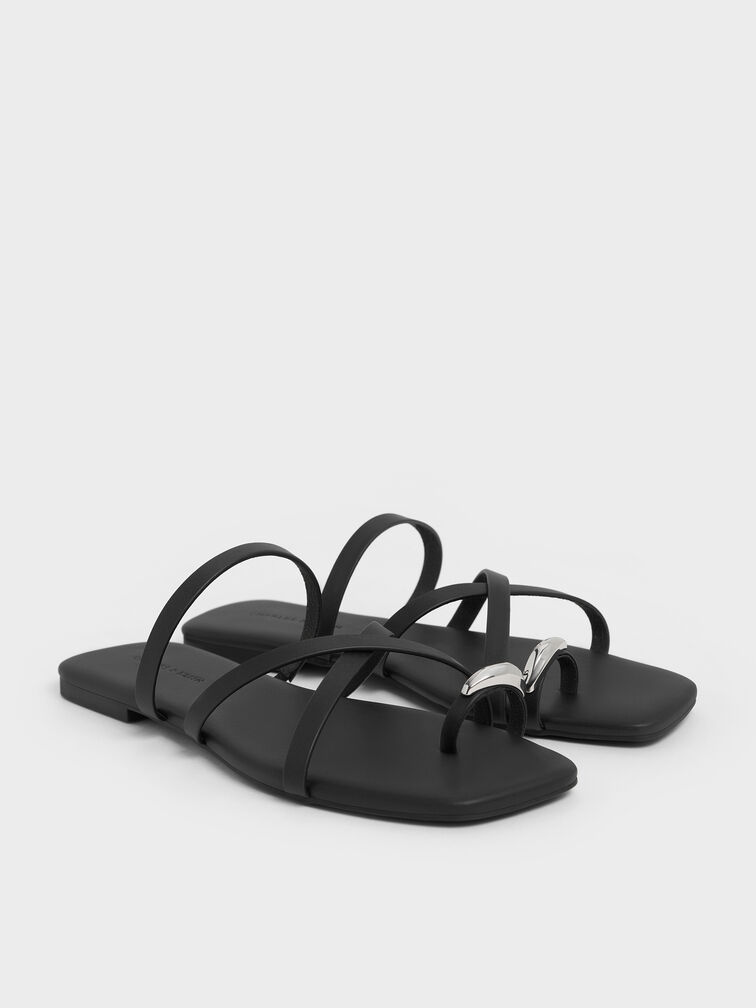 Metallic-Accent Strappy Toe-Ring Sandals, Black, hi-res
