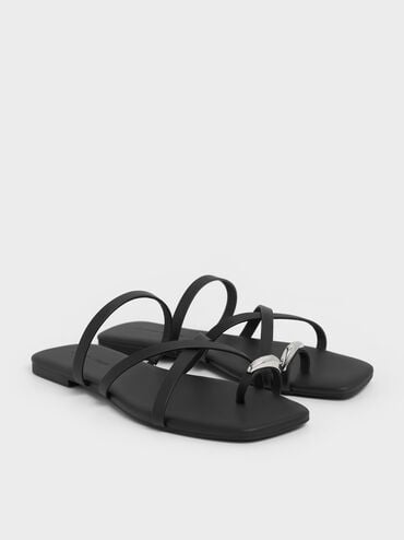 Metallic-Accent Strappy Toe-Ring Sandals, Black, hi-res