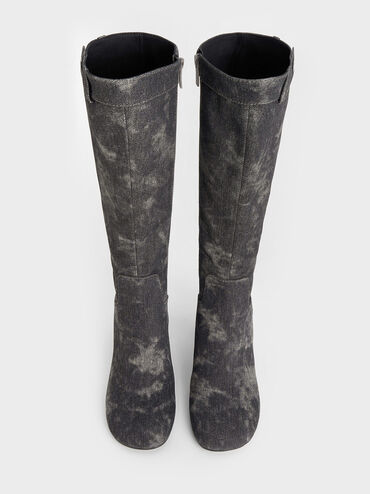 Denim Block-Heel Knee-High Biker Boots, Dark Grey, hi-res