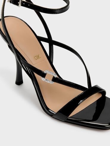 Patent Leather Crystal-Buckle Ankle-Strap Heels, Black Patent, hi-res