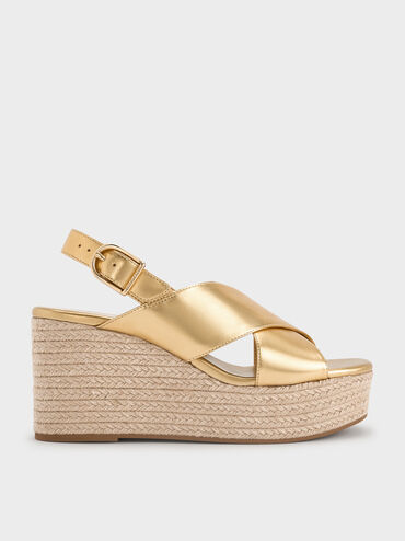 Metallic Crossover Espadrille Wedges, Gold, hi-res