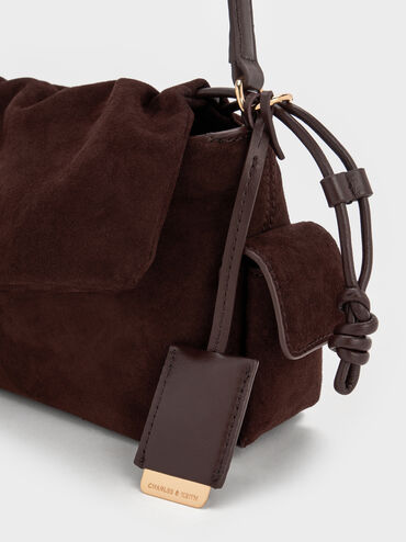Khai Recycled Suede Ruched-Flap Side-Pocket Top Handle Bag, Espresso Brown, hi-res