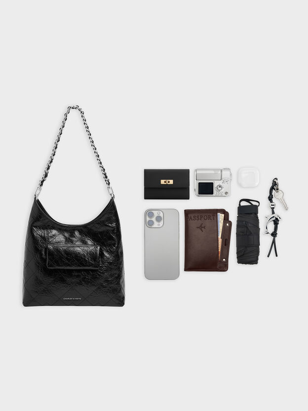 Duo Quilted Front-Pocket Chain Hobo Bag, Noir, hi-res