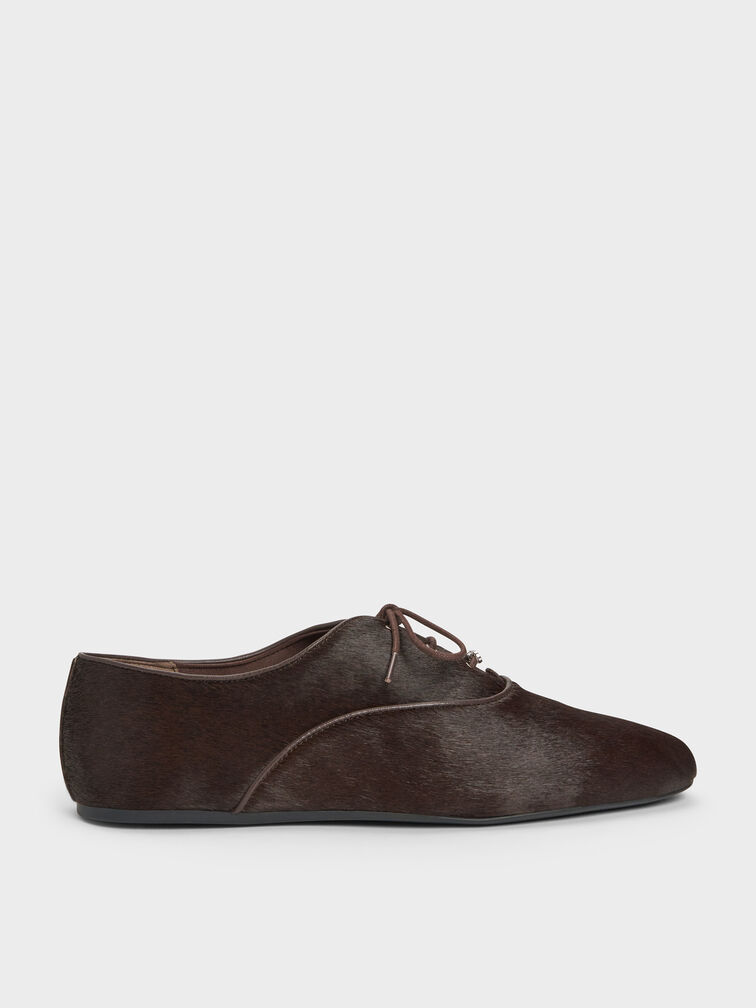 Pippa Calf Hair Derby Flats, Dark Brown Textured, hi-res