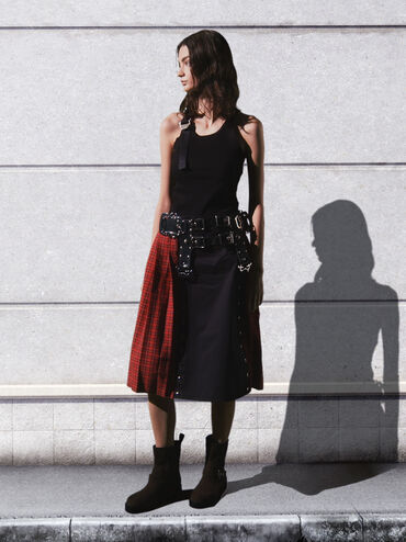 Faux Suede Buckle-Strap Biker Boots, Dark Brown, hi-res