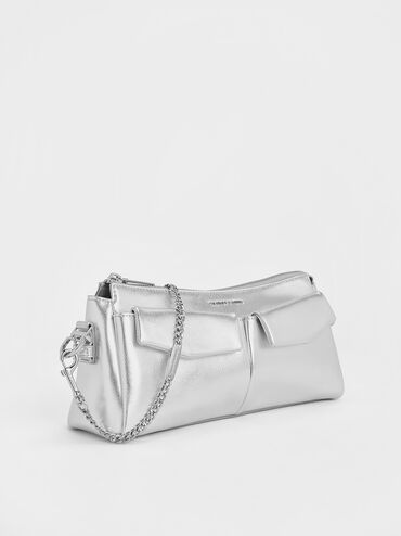Rachel Elongated Front-Pocket Chain-Handle Bag, Silver, hi-res